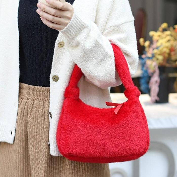Furry Solid Color Mini Bag Casual Women's Fashion Handbag All-match Western Style Plush Handbags for Women
