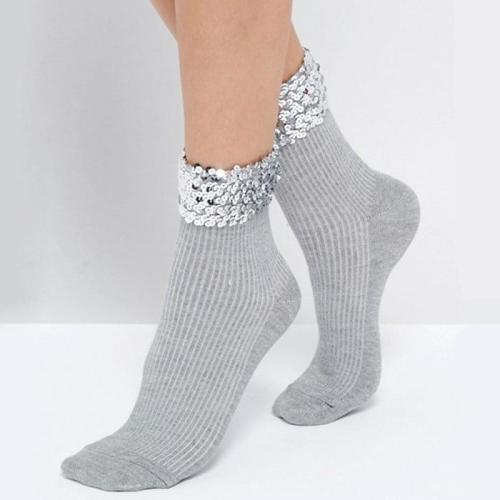 Chic Streetwear Women's Handmade Bling Sequins Socks Casual Female Grey Solid Color Short Socks Ladies Silver Sequin Sox