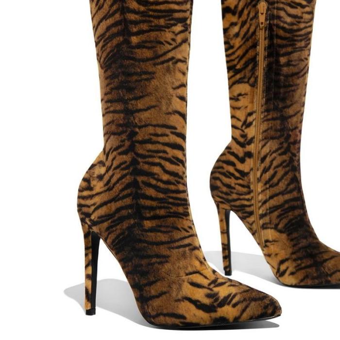 Women Thigh High Boots High Heel Leopard Stretch Sock Slip-on Boots Winter Sexy Lady Over Knee Stripper Shoes