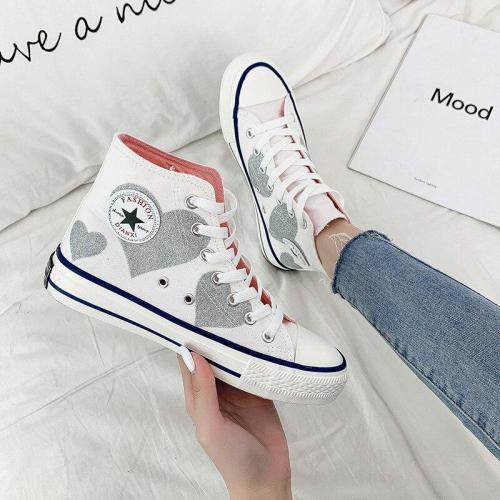 High-top Canvas Shoes Women Spring Flat Lace-up Leisure Comfortable Round Head Board Shoes