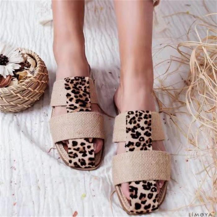 Leopard Print Flat Sandals Home Outside Girls Slippers Soft Casual Female Beach Slides