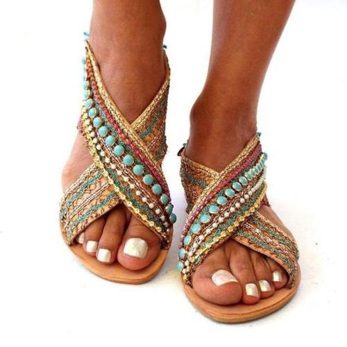 Summer Women Sandals Beading Flat Sandals Foreign Ethnic Style Bohemian Beach Shoes Female Sandalias Shoes Plus Size