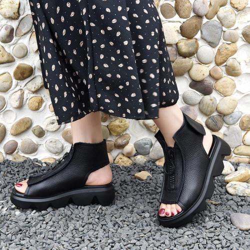 Women Summer Fashion Wedge Zipper Peep Toe Sandals Woman Platform Casual Shoes Soft Leather Outdoor