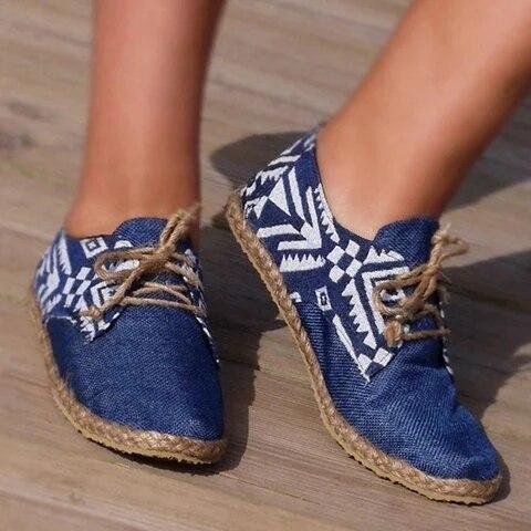 Blue Flat Shoes Women Lace-up Shoes Flat Platform Ladies Comfortable Shoes Casual Real Rushed Hemp