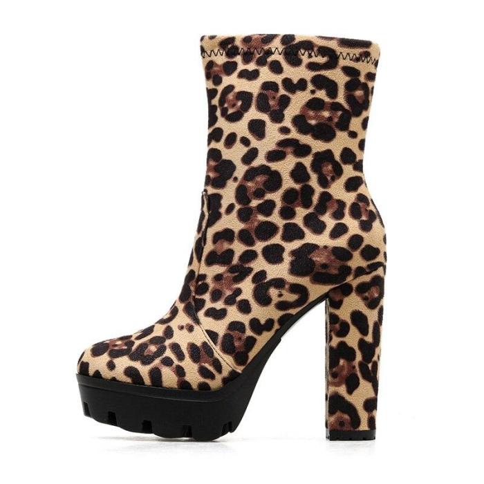 Women High Heels Suede Leopard Boots Ankle Boots Gothic Block Heels Platform Plus Size Shoes