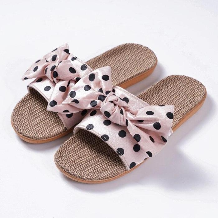 Flax Slippers Bow Polka Dot Indoor Slippers Summer Slippers Female Sandals Women