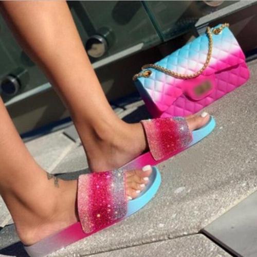 New Women's Shoes Open Toe Rhinestone Slippers Flat Sandals Outdoor Handmade Causal Comfortable