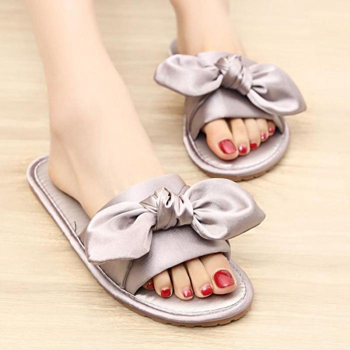 Women Home Slipper Indoor Outdoor Bow Flip-flops Fashion Silk Flat Shoes New Fashion Female Casual