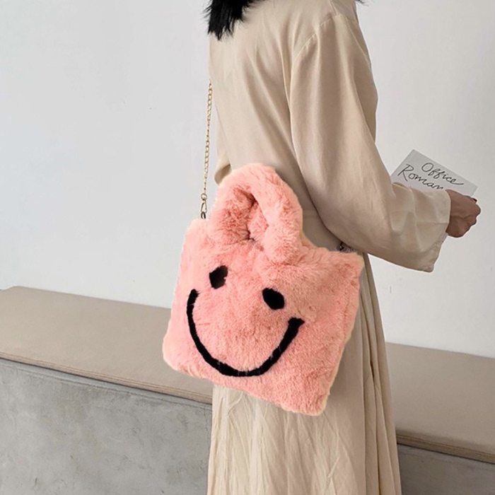 Luxury Woman's Fluffy Messenger Bag Cute Smile Fur Plush Handbag Lady Stylish Pink Shoulder Crossbody Bags Fluffy