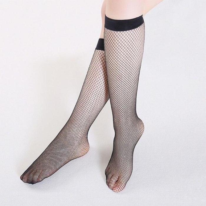 Chic Streetwear Women's Black Breathable  Knee Length Mid Calf Fishnet Socks Sexy Hollow Out Nets Socks Ladies Mesh Sox