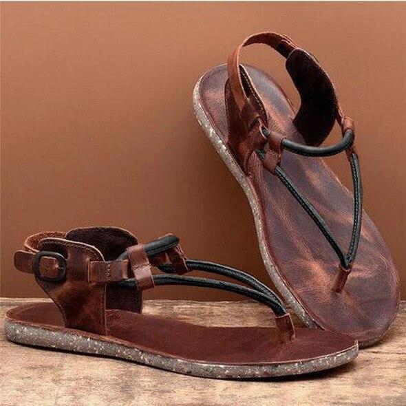 Women Summer Clip-Toe Leather Sandals Retro Sandals Flat Comfort Breath Comfortable Shoes Slip-on Beach