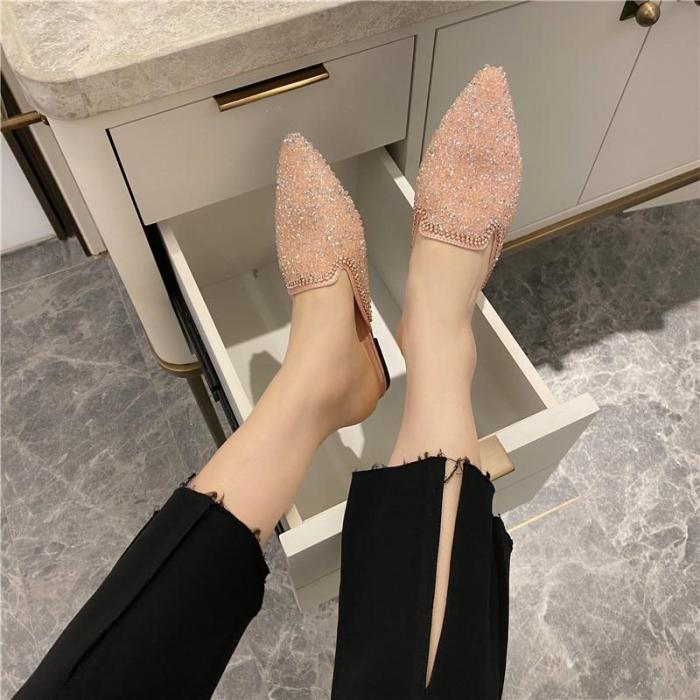 Summer Slippers Slides Shoes Pu Leather Shoes Lady  Flats Pointed Toe