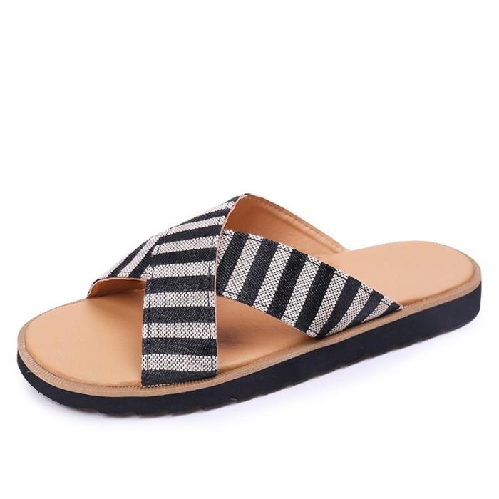 Women Slipper Striped Canvas Flat Heel Peep Toe Thick Soft Sole Simple Casuals Sandals Outdoor