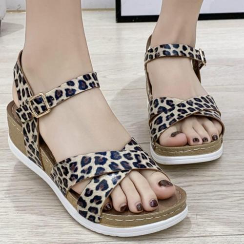 Summer Gladiator Women Sandals Leopard Wedges Chunky Heel Platform Buckle Strap Casual