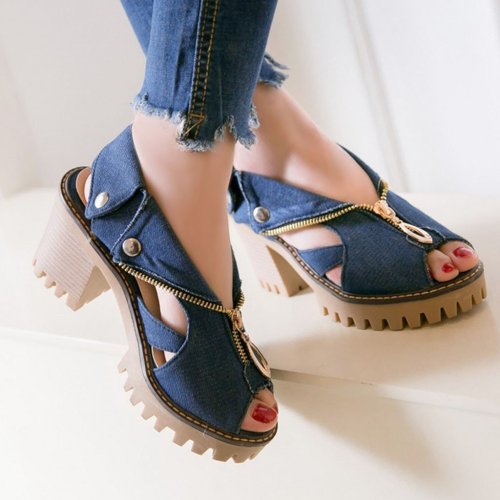 Women's Cuffed Denim High Heel Sandals Thick Platform Fish Mouth Casual Shoes shoes woman