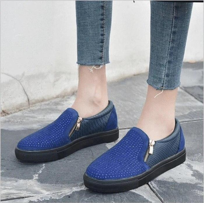 Loafers Slip  Flats Stone Pattern Espadrilles Crystal Shinning Women Shoes Zipper Summer Walking Shoe