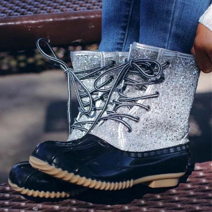 Ankle Boots Women's Flats Female Shoe Rhinestone Ladies Casual Lace Up Footwear