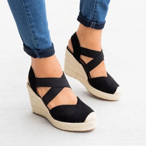 Summer Crossed Elastic Bands Wedges Sandals Pointed Toe High Heel Sandals Platform Ladies Casual Shoes