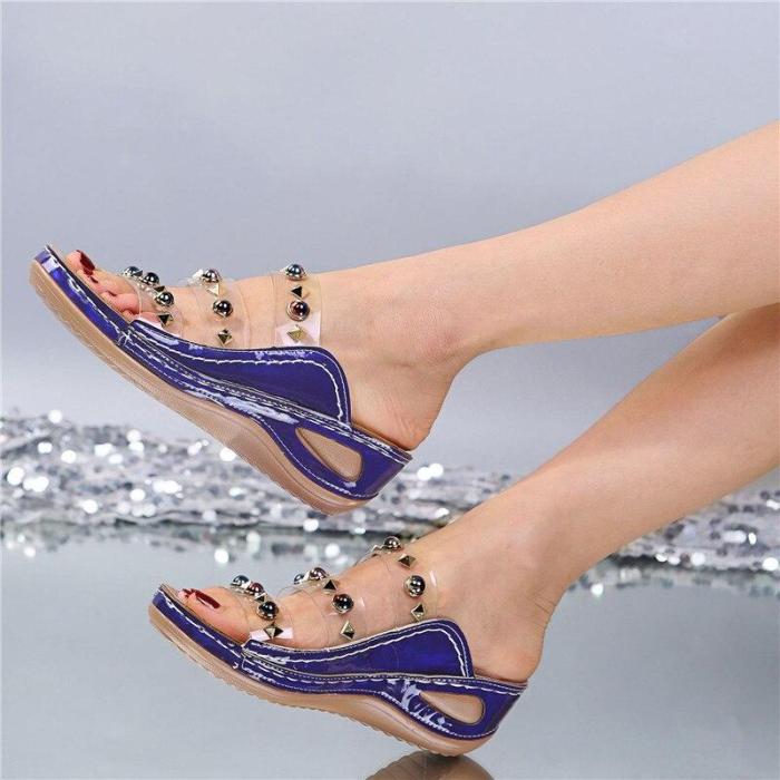 Slippers Ladies Glitter PU Wedges Shoes Female Casual Rivet Sandal