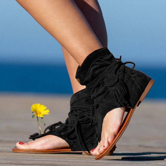 Retro Women Fringe Flower Wedges Solid Flock Beach Casual Sandals Summer Flip Flop Sandals