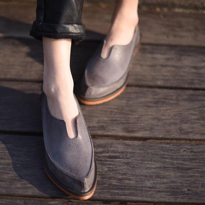 New Spring Pointed Toe Genuine Leather Women Loafers Shoes Wedges Female Casual Handmade Shoes