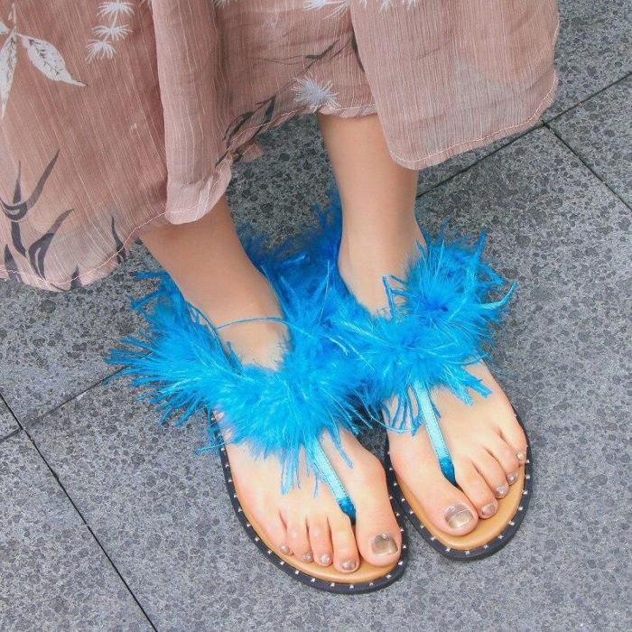 Summer 2020 New Women's Flat Sandals Solid Color Clip Toe Plush Fashion Comfortable Casual Shoes Plus Size 43