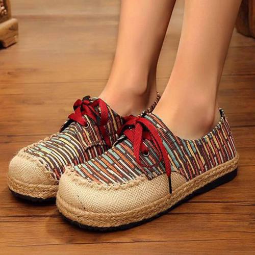 Women Linen National Espadrille Lace-up Flat Heel Loafers
