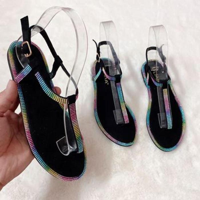 2020 Summer New Women's Flat Sandals Open Toe Rhinestone Outdoor Beach Shoes Fashion Sexy Plus Size 42