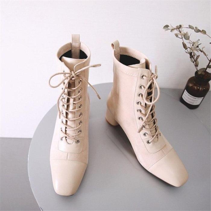 Lace Up Genuine Leather Square Toe Ankle Length High Heel Ladies Shoes Boots