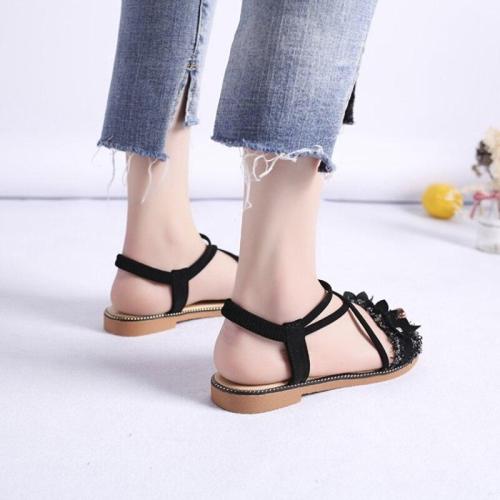 Summer Shoes Woman Sandals Fashion Bohemian Flower Flat Sandals Women Shoes Slip on Open Toe Black