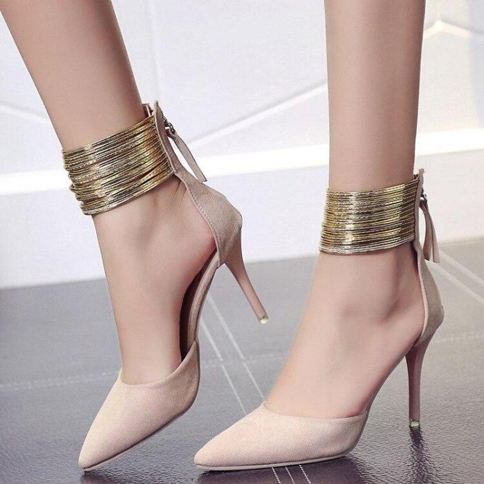 Spring Autumn Women Pointed Toe Curve Super High Party Fashion Metal Strap Shoes Ladies Heels