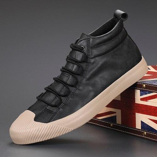 Spring Autumn New Men Version PU Leather Vulcanized Shoes Fashion Lace High Top Wearable Casual Shoes