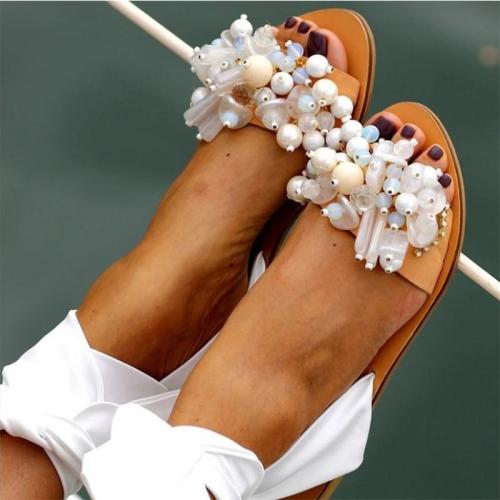 Women Sandals Female Pearl Flat Woman Gladiator Ankle Wrap Women's Casual Shoes Ladies Summer Beach Footwear