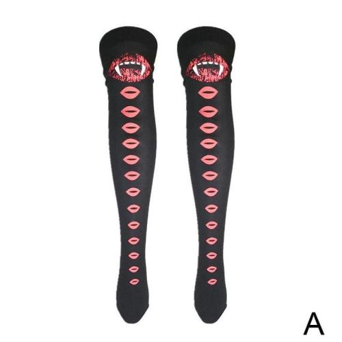 Halloween Thigh High Long Socks Vampire Lips Skull Skeleton Printed Womens Elastic Stockings Fancy Cosplay Costume