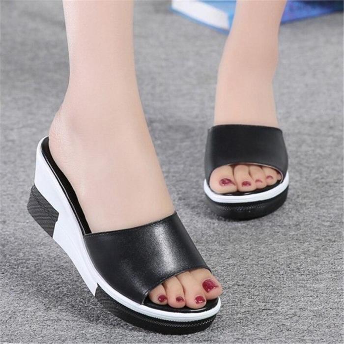 Outdoor Casual Flat Women's Slippers Leather High Heel Wedge Fashion Beach Shoes