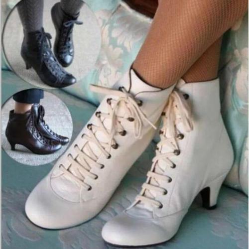 Fashion Ankle Boots Solid Flock Lace-Up Vintage Short Boots Pointed Toe Plus Size Ladies