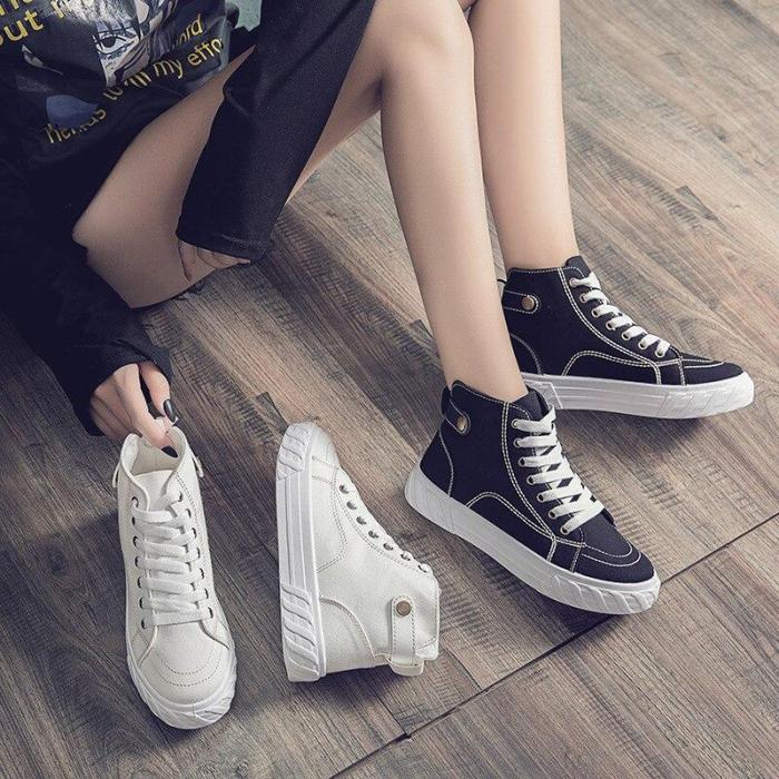 High-top Black Canvas Women's Sneakers Fashion Simple Joker Trend Leisure Wear-resistant Flat Shoes