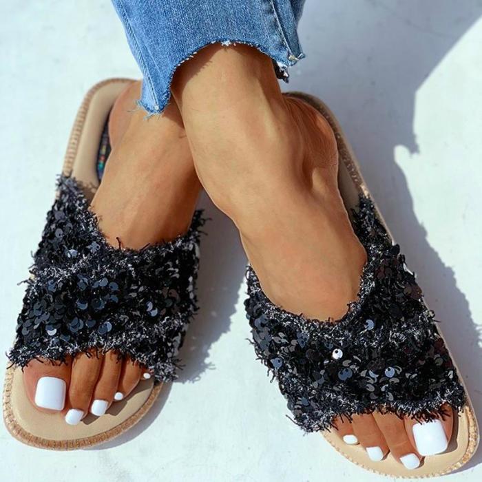 Women Slippers Bling Shine Platform Sequins Flat Peep Toe Slides Outdoor&Indoor