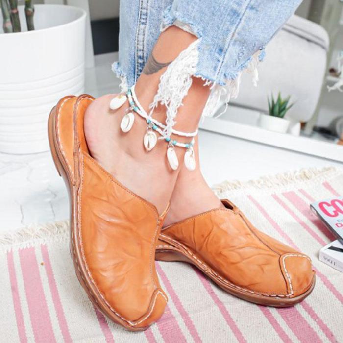 Slipper Casual Leather Handmade Flat Shoes Woman Round Head Comfortable Ladies