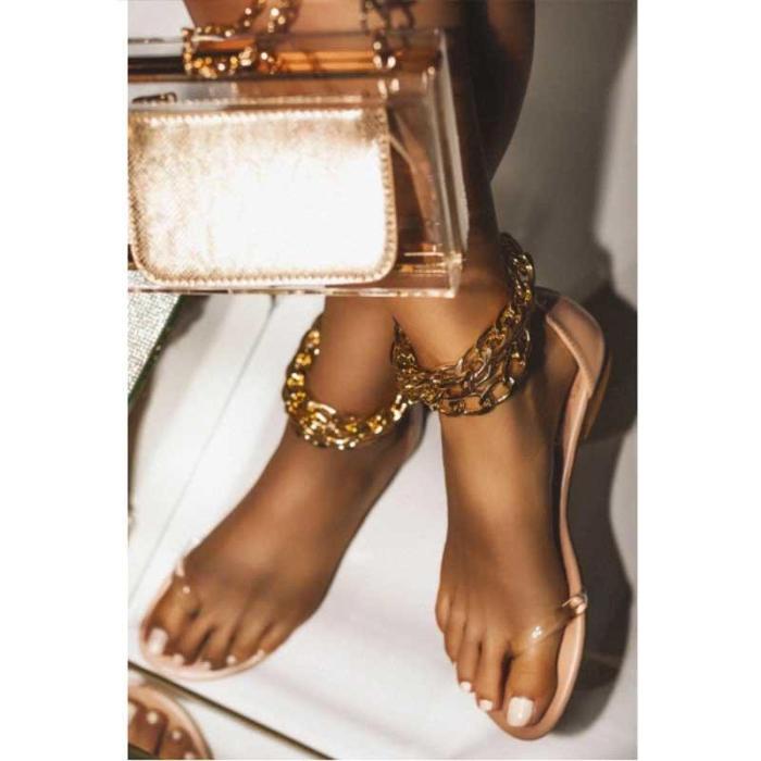 Women Summer Beach Sandals Flats Shoes Woman PU Leather Plus Size Flip Thong Gothic Chain Sandalias