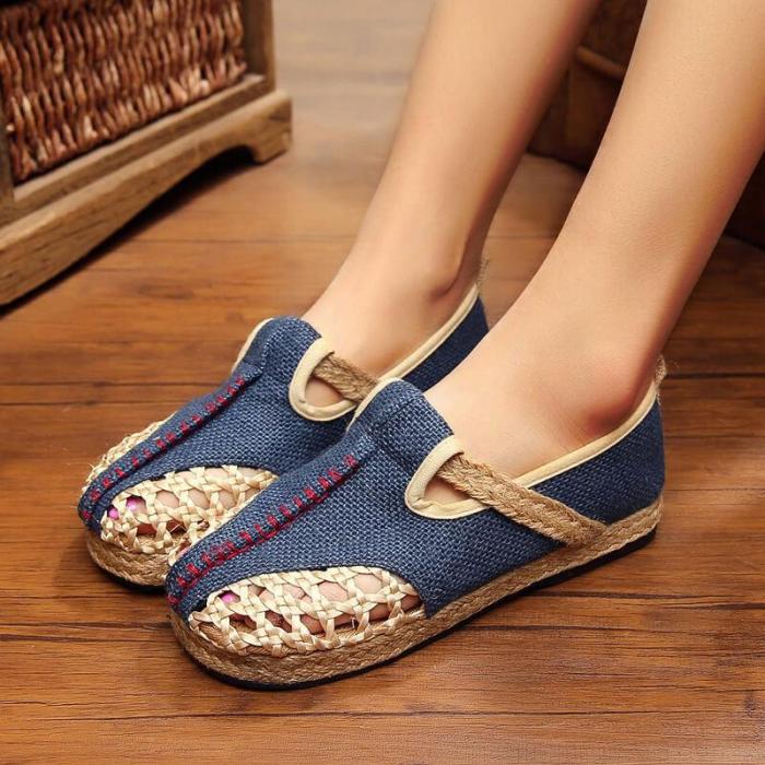 Women National Linen Hit Color Slip On Flat Heel Espadrille Loafers