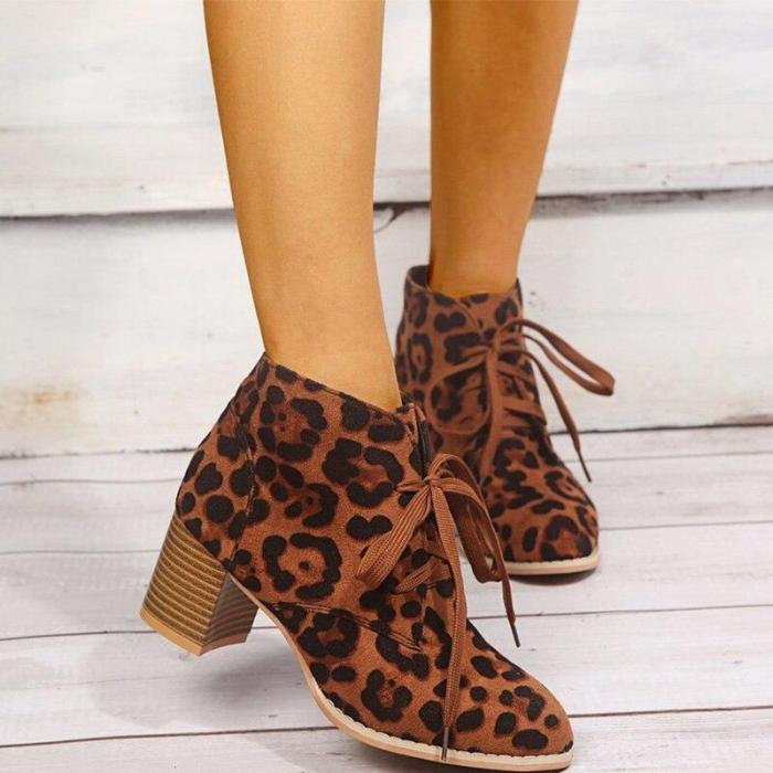New Women Leopard Ankle Boots Female Shoes Autumn Ladies Soft Comfort Print Chunky Heels Lace Up Boots