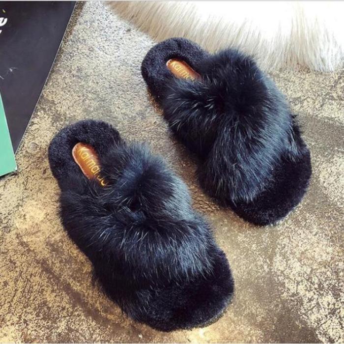 Winter Women Slipper Furry Warm Slip on Ladies Fluffy Mules Cross Soft Indoor Slides Flip Flops Plush Shoes