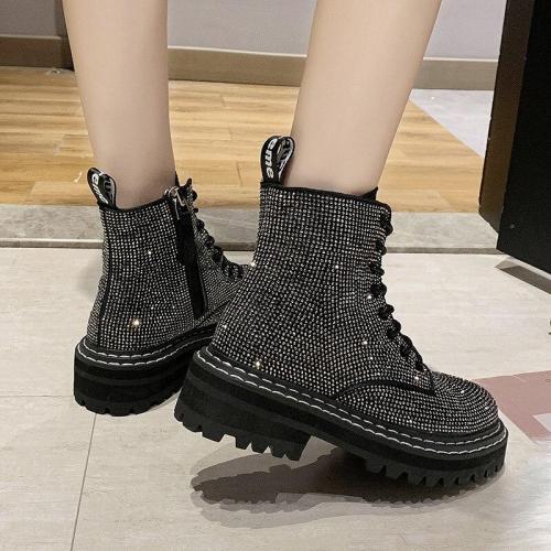 Women Bling Shoes Lace Up Platform Ankle Boots Flat Female