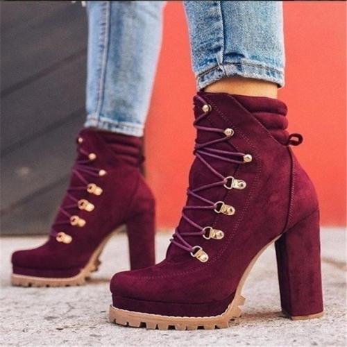 Women High Heels Ankle Boots Cross Straps Fashion High Heels Casual Elegant Solid Round Toe Boots