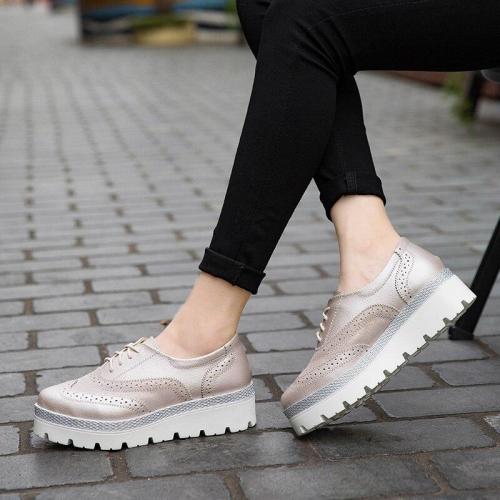 2020 Spring Women's Genuine Leather Brogue Shoes Ladies Flat Platform Loafers Shoes Fashion Casual Shoes For Women