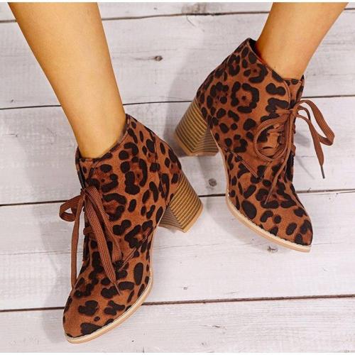 New Women Leopard Ankle Boots Female Shoes Autumn Ladies Soft Comfort Print Chunky Heels Lace Up Boots