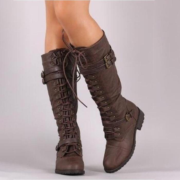 Mid Calf Boots Autumn Winter Lace Up Vintage Flat Shoes Sexy Steampunk Leather Retro Buckle Ladies Snow Boots