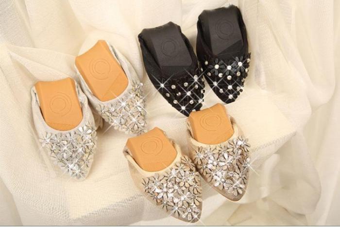 Crystal Ballet Floral Flat Shoes Rhinestone Women Flower Pointed Toe Golden Shoes Loafers