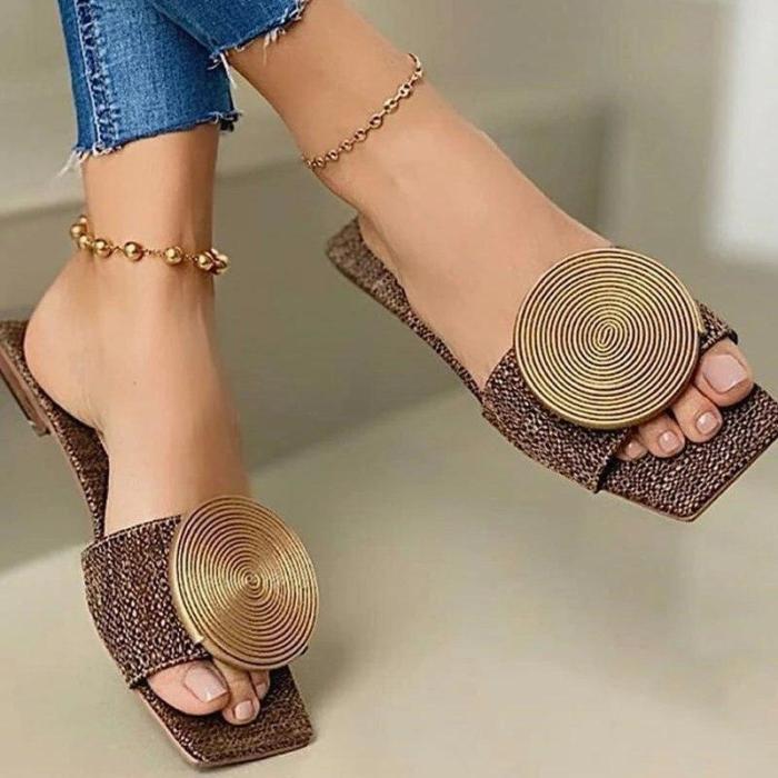 Woman Sandals Flat Round Buckle Flats Female Casual Solid Slippers